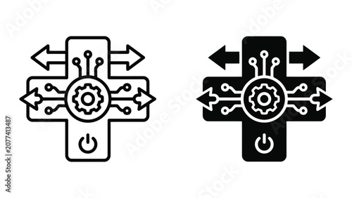 Digital health network cross icon set with gear and arrow symbols for medical system optimization and healthcare connectivity and clinical infrastructure management software development and design