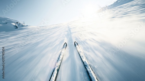 First person view, skiing down a mountain slope, gliding on fresh backcountry snow, winter sport adventure