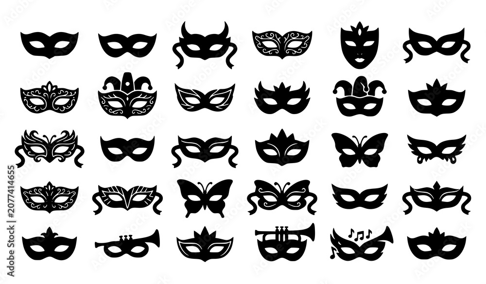 Fototapeta premium Carnival Face Mask Icon Set Vector with Masquerade Costume and Festive Silhouettes