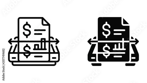 Financial document printing and growth analysis icon set featuring dollar symbol and chart in outline and solid glyph styles for business reporting and accounting software interfaces on light grey