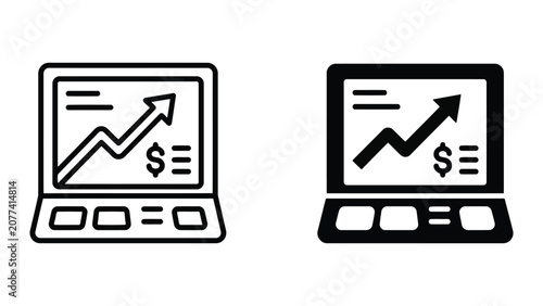 Laptop computer icon with financial growth graph and dollar sign in simple black and white vector design for business management software and remote accounting platform UI elements