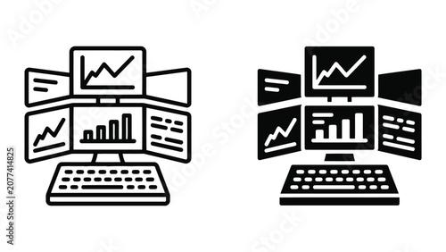 Desktop computer with multi screen setup displaying financial data and charts in professional black and white vector icon style for trading platform and data analysis software interface