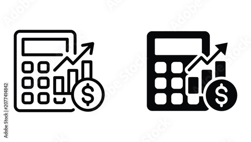 Calculator icon integrated with financial growth chart and dollar sign in professional black and white vector style for accounting software and business finance web design projects