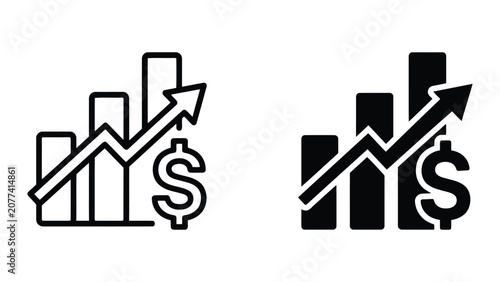 Bar chart icon with rising arrow and dollar sign symbol in bold black and white vector style for economic reporting and financial growth visualization in digital marketing presentations