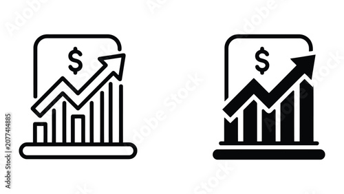 Corporate revenue growth bar chart icon set with rising arrow and dollar sign for financial analysis and business performance reporting in clean minimalist style vector for professional interface