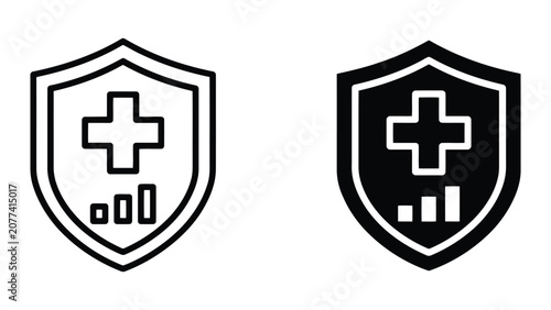 Medical protection shield icon set with health cross and performance bar graph for clinical security and healthcare data safety and medical insurance analytics and hospital risk management concepts