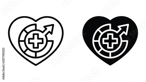 Medical heart symbol with male gender sign and circular arrow in flat design vector icon set isolated on white background for men health diagnostics and reproductive wellness medical concepts