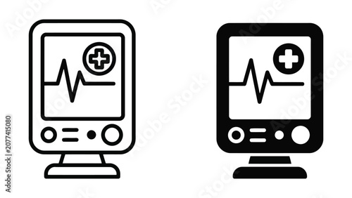 Medical monitor display showing heartbeat pulse rhythm line and plus symbol as vector icons set for healthcare interface design in linear and solid black styles isolated on white background