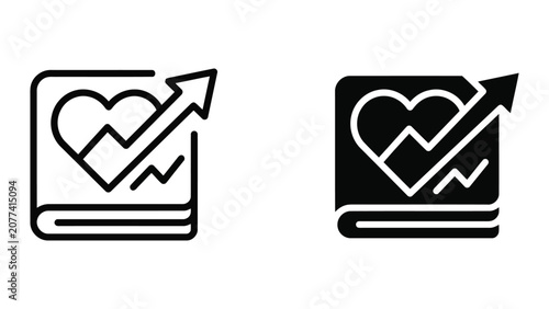 Heart wellness progress report icon showing health improvement tracking and cardiovascular data analysis for medical fitness books and personal health record management digital applications