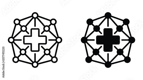 Medical network node structure with central cross symbol in flat design vector icon set isolated on white background for connected healthcare systems and global medical research communication concepts