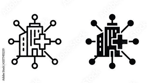 Hospital building with connected network nodes and medical cross symbol in flat design vector icon set isolated on white background for integrated healthcare facilities and modern medical architecture