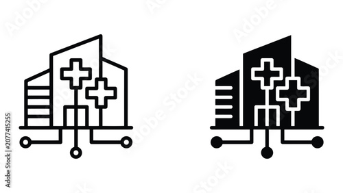 Smart hospital building icon set with medical cross and digital connectivity nodes for modern healthcare infrastructure and digital health technology in clean professional vector graphic design style
