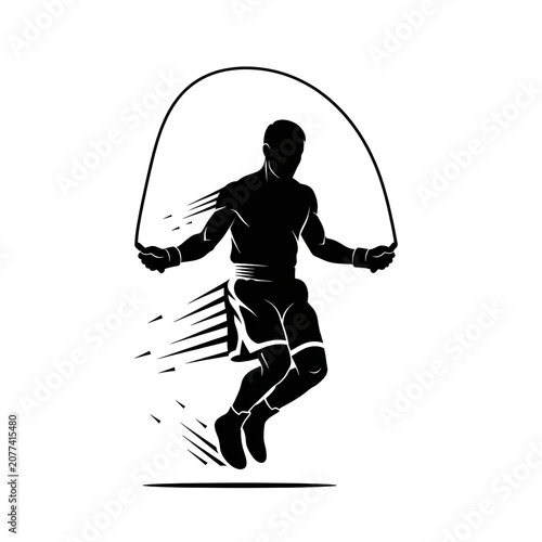 Black Silhouette of Male Boxer Athlete in Dynamic Jump Rope Skipping Motion Action Combat Sport Cardio Fitness Training Exercise Workout Illustration