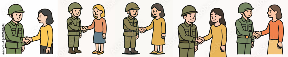 Fototapeta premium Set of vector illustrations showing a soldier shaking hands with a woman.