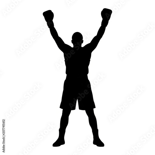 Black Silhouette of Victorious Male Boxer Fists Raised High Celebrating Win Championship Combat Sport Fighter Victory Triumph Illustration