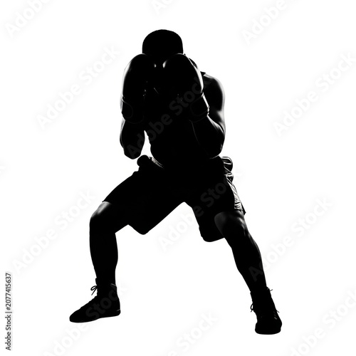 Black Silhouette of Male Boxer in Wide Crouching Stance Ready to Attack Athletic Fighter Aggressive Combat Pose Boxing Sport Training Illustration
