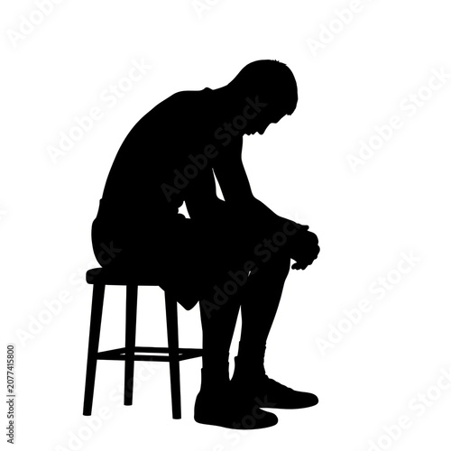Black Silhouette of Exhausted Male Boxer Seated on Corner Stool with Head Down, Defeated Tired Fighter Boxing Ring Sport Illustration