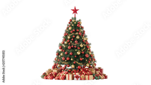 Decorated Christmas Tree with Red and Gold Ornaments and Gifts