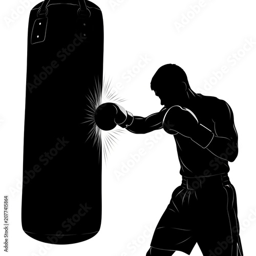 Black Silhouette of Male Boxer Striking Black Heavy Punching Bag in Boxing Gym Training Session, Combat Sport Fitness Workout Illustration