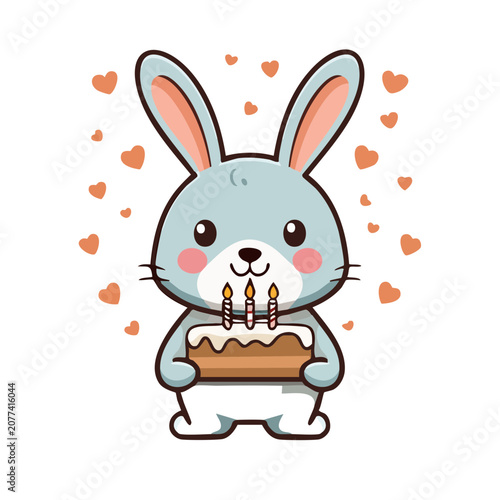 Cute cartoon rabbit holding birthday cake with candles