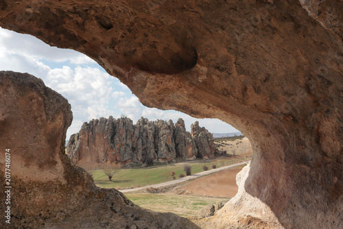 Obraz na płótnie Rock formations viewed through a natural cave opening in Turkey