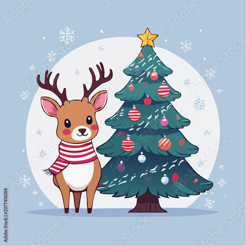 Cute cartoon reindeer with scarf next to decorated Christmas tree