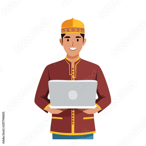 Man in traditional clothing holding a laptop