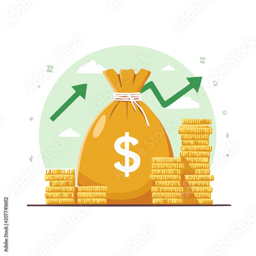 Money bag with gold coins and growth chart illustration