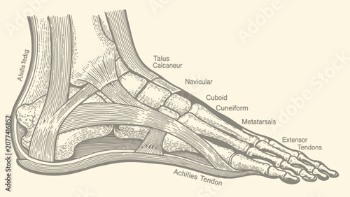 Photos Vintage Anatomical Illustration of Human Foot Bones and Tendons