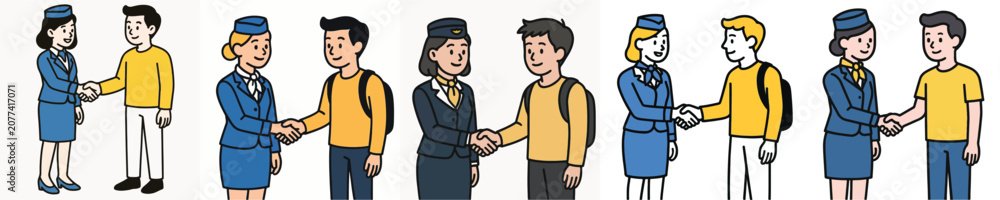 Fototapeta premium Set of vector illustrations showing a flight attendant shaking hands with an elderly woman.
