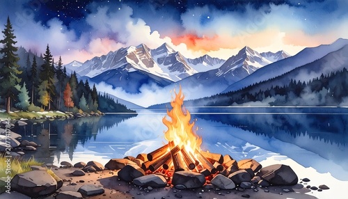 Scenic mountain landscape with campfire by tranquil lake at sunset
