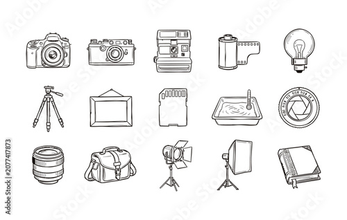 Konstfotografi Traditional darkroom tools and photographic accessory outline bundle