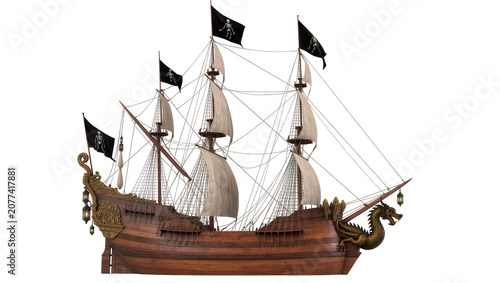 Φωτογραφία Wooden pirate galleon with skull flags and dragon figurehead