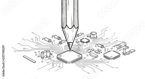 Foto Technical drawing of pencil pointing to microchip on circuit board, engineering
