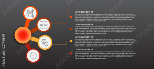 Modern radial infographic vector with four connected business nodes, editable text sections, and line icons. Clean workflow diagram for presentations, strategy planning, process mapping, and corporate