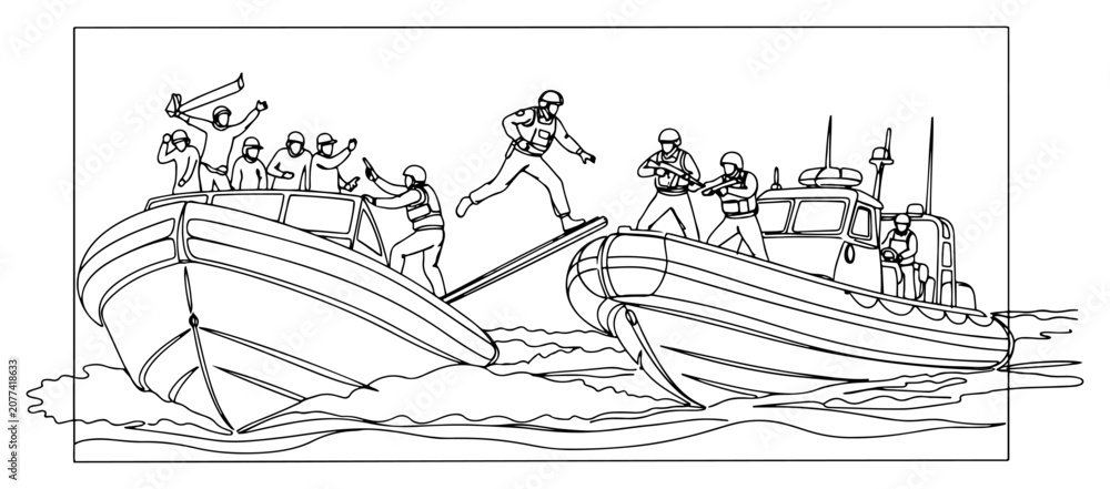 Fototapeta premium Military special forces boarding boat at sea line drawing, naval mission security operation on motorboat, soldiers attacking vessel minimalist vector