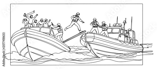 Fotografía Military special forces boarding boat at sea line drawing, naval mission securit