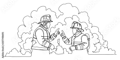 Fotografie Firefighters in smoke continuous line drawing, rescue team emergency operation m