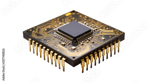 Integrated circuit chip with gold pins and gold traces on black board