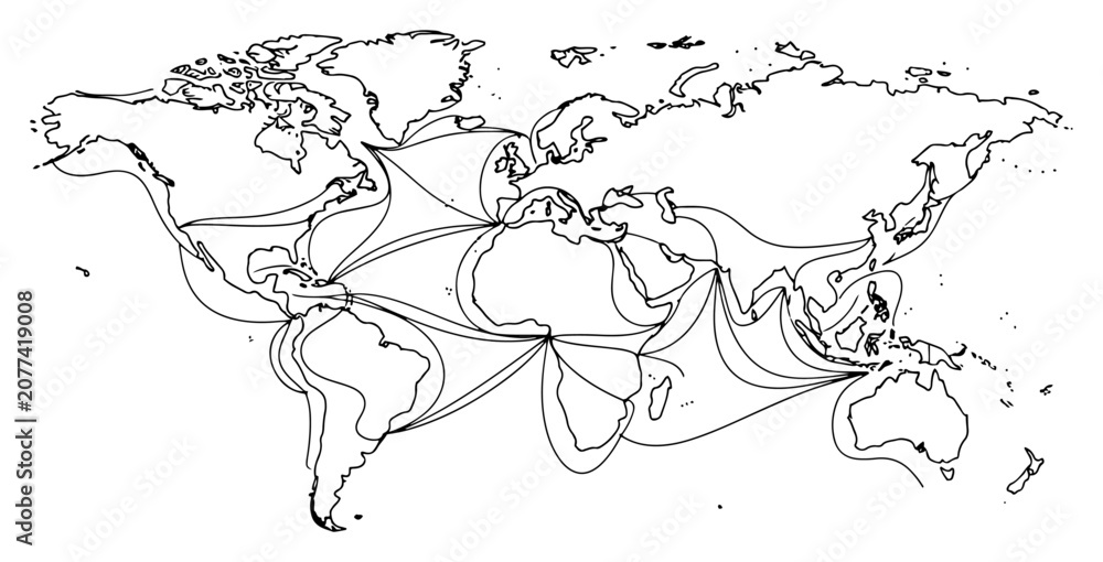 Obraz premium World map with global connection network lines continuous line drawing, international logistics and communication minimalist vector illustration