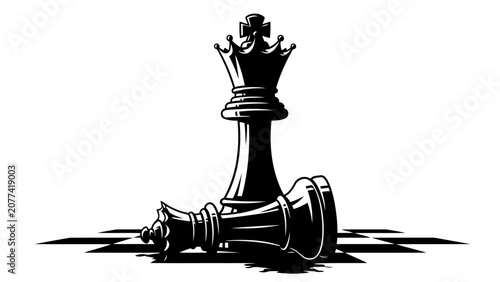 Tableau sur toile Black and White Chess Illustration with Standing King and Fallen Queen