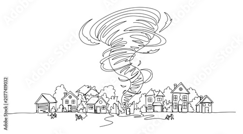 Schilderij op canvas Tornado hurricane hitting small town houses continuous line drawing, natural dis