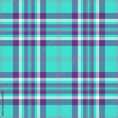 Traditional striped plaid design with a classic woven appearance and turquoise and violet tones. The seamless pattern recreates the look of woven fabric for decorative surface backgrounds.
