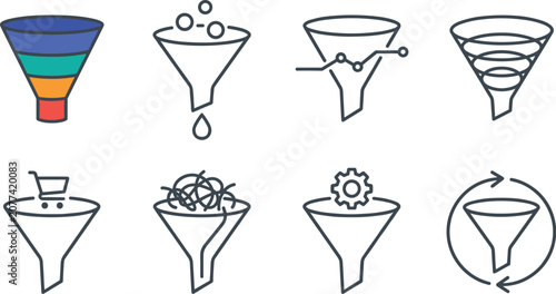 Data filtering process and funnel workflow icons set featuring search sorting optimization analytics and information management vector collection