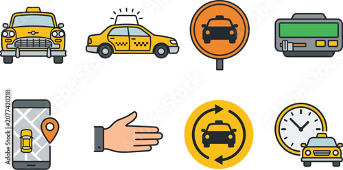 Taxi transportation service and ride sharing flat icons set featuring cab navigation payment vehicle and mobility symbols