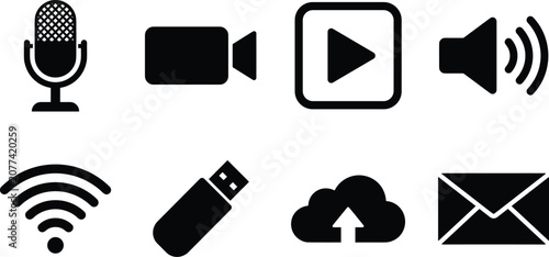 Media communication and digital technology icons set featuring microphone video play speaker WiFi USB cloud upload email vector collection