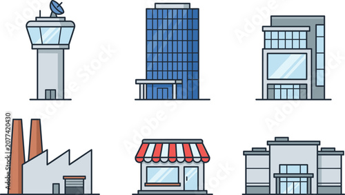 Modern commercial and industrial building icon collection featuring office tower airport control factory storefront and corporate architecture vector set