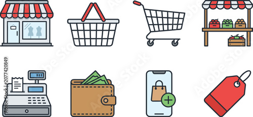 Shopping and retail commerce icon collection featuring storefront basket cart cashier grocery payment and price tag symbols for ecommerce