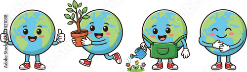 Cute Earth mascot character collection promoting environmental conservation recycling tree planting cleanup and sustainability awareness in cartoon vector style