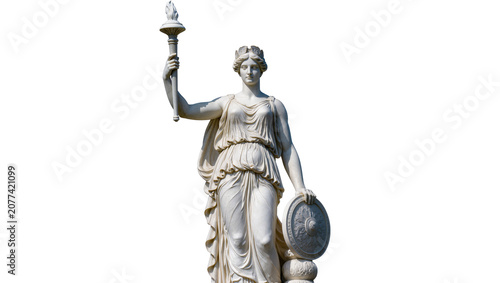 Schilderij op canvas Marble statue of a woman holding a torch and shield